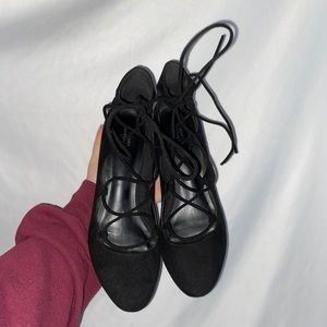 Urban Outfitters black strappy lace up block heels